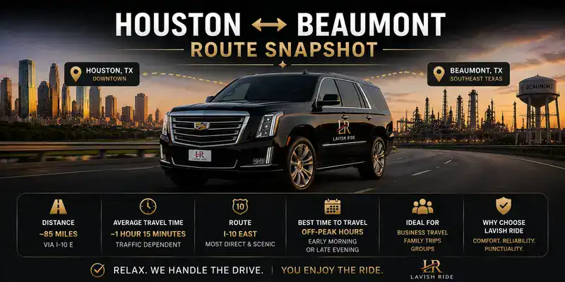 Houston to Beaumont route snapshot graphic featuring a Cadillac Escalade SUV with Lavish Ride branding, showcasing private transportation along Interstate 10 with travel distance, drive time, and luxury intercity travel between Houston and Southeast Texas.